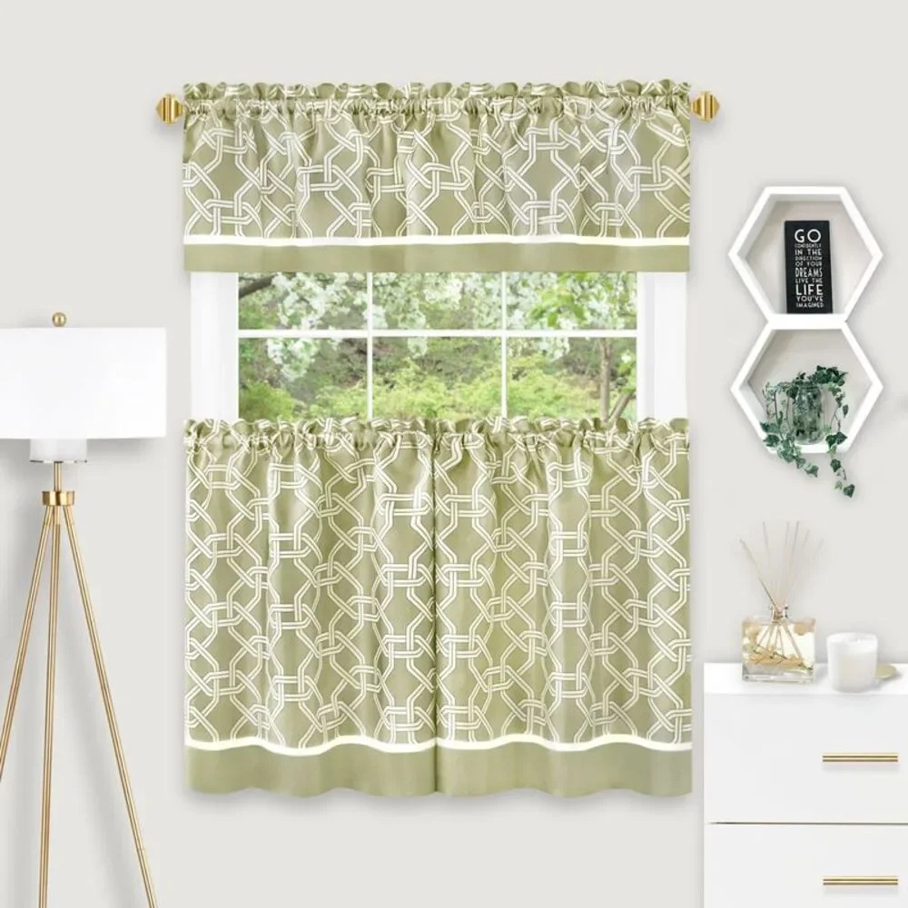 PowerSellerUSA 3 Pieces Two Tone Design Tier Panels and Valance Set for Windows,